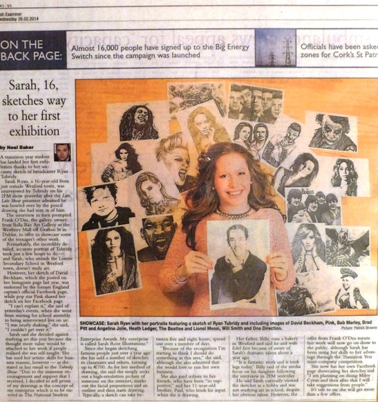 2014:  "SARAH DRAWS A CROWD AS TUBRIDY SKETCH MAKES ITS MARK" Irish Examiner. Feb. 2014