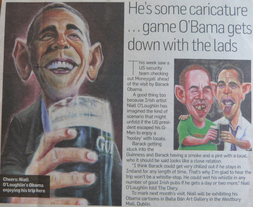 2011: HE'S SOME CARICATURE...GAME O'BAMA GETS DOWN WITH THE LADS.  Weekend Review. Irish Independent. April 2011