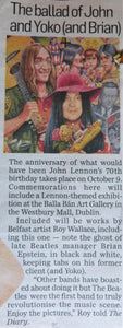 2010: THE BALLAD OF JOHN AND YOKO (AND BRIAN). The Diary, Irish Independent, October 2nd. 2010.