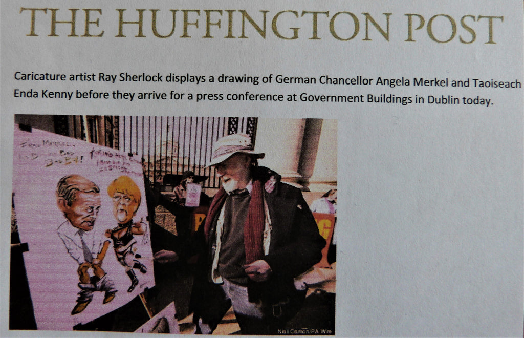 2014: CARICATURE ARTIST RAY SHERLOCK DISPLAYS A DRAWING OF ANGELA MERKEL AND ENDA KENNY. Huffington Post. March 2014