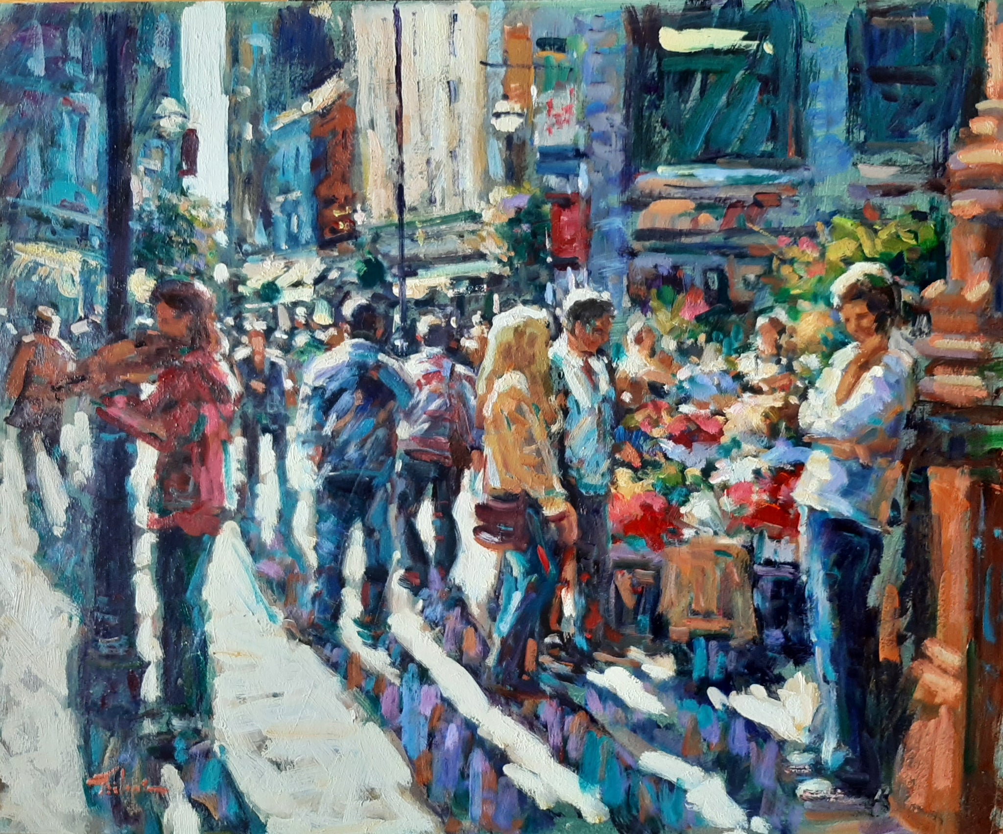 Norman Teeling - Young people walking on Grafton Street. (at the Flower Sellers).