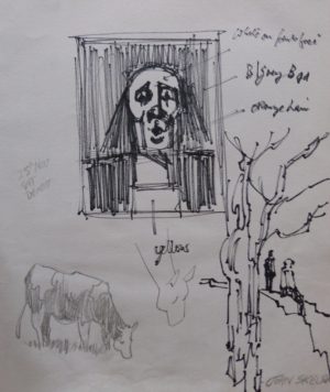 John Skelton "Clown Study, Figures by Tree and Cow"