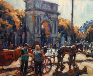 Norman Teeling "At St Stephens Green, Dublin with horse and carriages".