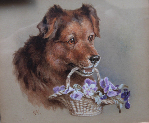 Helena J Maguire "Brown Puppy holding basket of flowers in mouth"