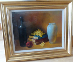 Peter Dee "Still Life with bottle, Vase, books and fruit"