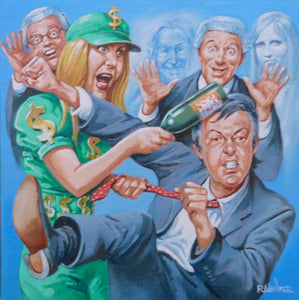 Roy Wallace "Paul McCartney being mugged in 2007 by Heather Mills McCartney. Lawyers and the ghosts of John Lennon and Lina McCartney look on".