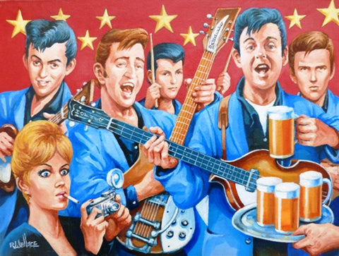 Roy Wallace "The Beatles in Hamburg, 1960, Top Ten Club, Hamburg, Germany - George Harrrison, John Lennon, Pete Best, Paul McCartney, Stuart Sutcliffe, Astrid Kircherr (girlfriend of Sutcliffe)")